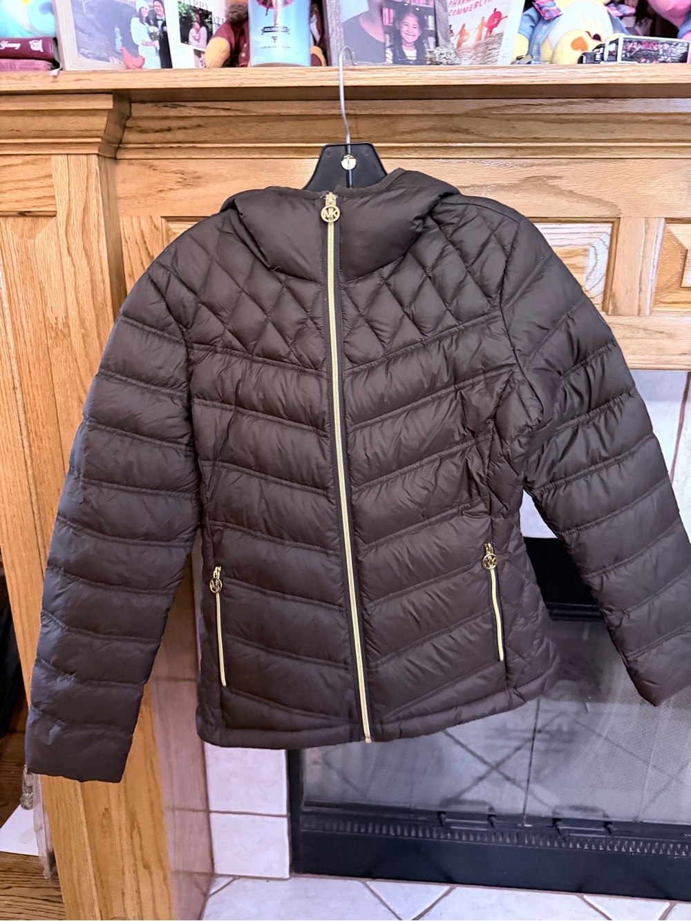 Michael Kors Quilted Hooded Puffer Jacket in Brown with Gold Hardware